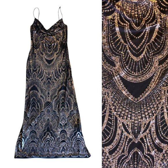 90s Black Gold Glitter Cowl Neck Fitted Maxi Slip Dress Medium *Fits like Small - Picture 1 of 16